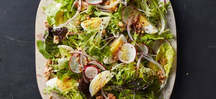 Baby greens salad with eggs & walnuts