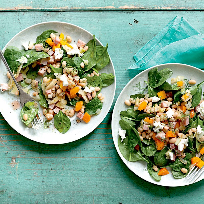 White beans with spinach, ham, and goat cheese