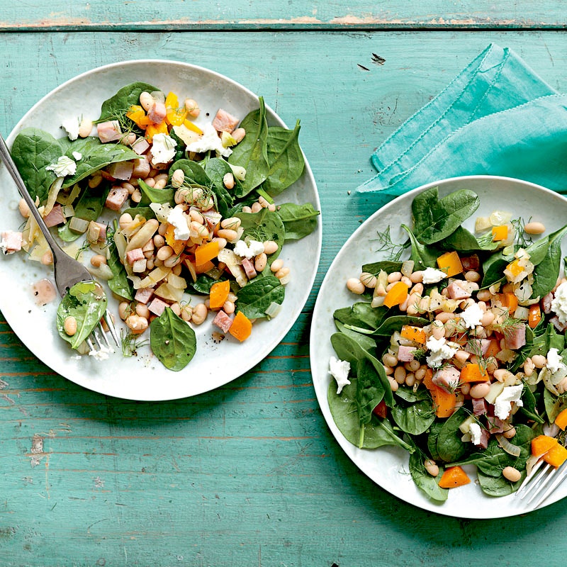 White beans with spinach, ham, and goat cheese