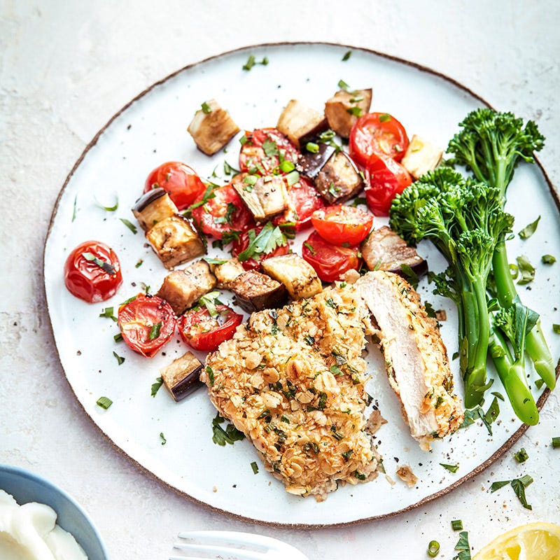 Photo of Oat-crumbed pork with eggplant salsa by WW