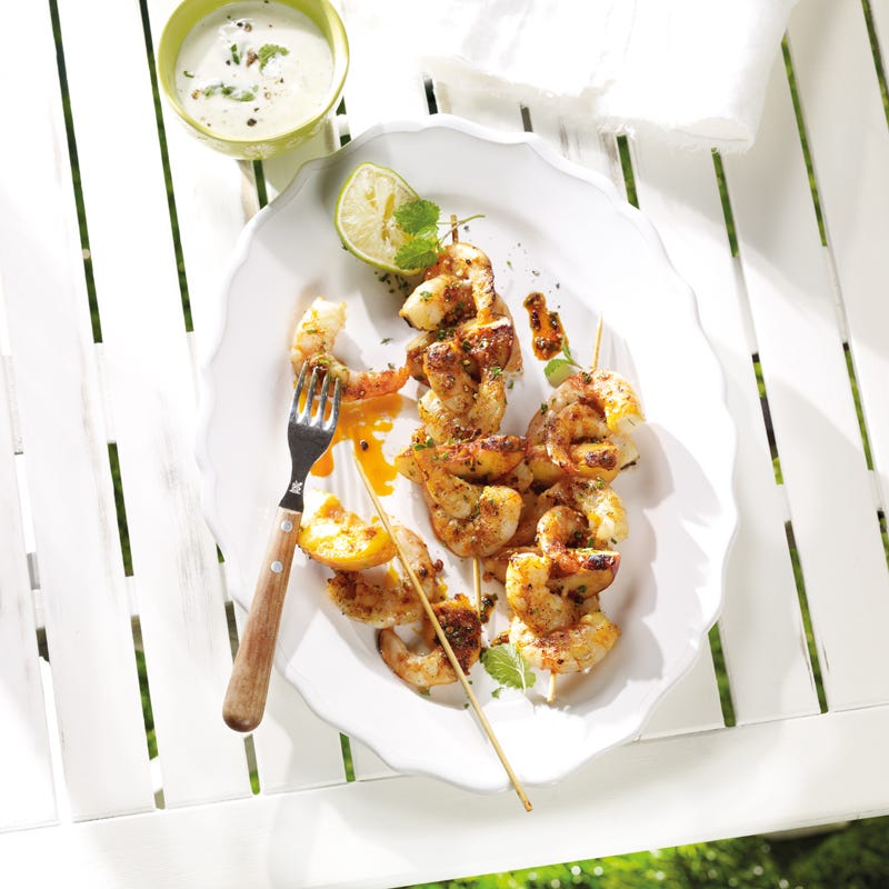 Nektarinen-Crevetten-Spiesse mit Joghurtdip