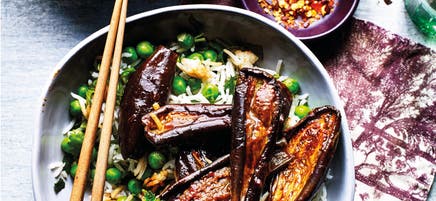 Soy-roasted aubergines with fragrant rice