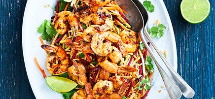 Grilled chilli prawns with crispy noodle salad