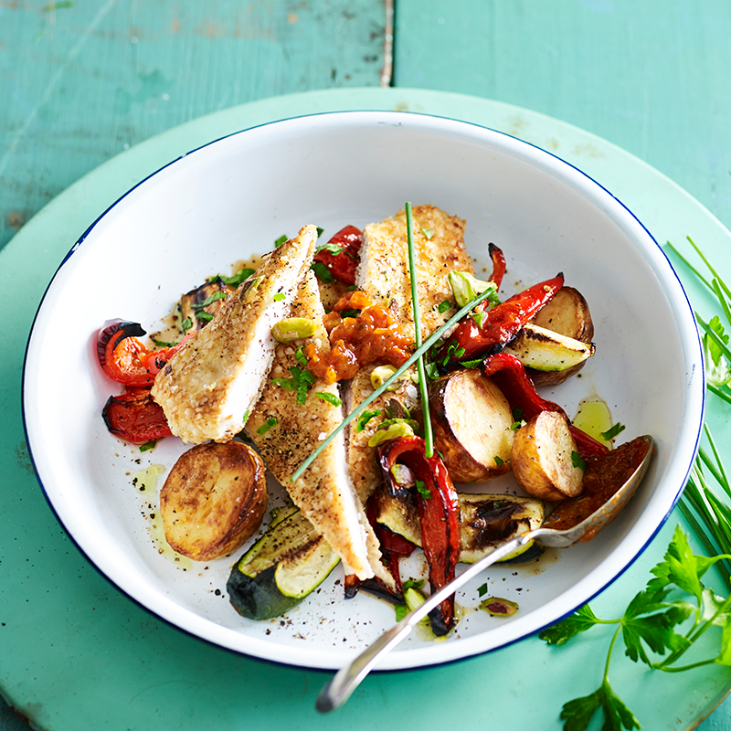 Photo of Pistachio and herb crumbed chicken with quick roasted vegetables by WW