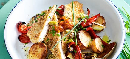 Pistachio and herb crumbed chicken with quick roasted vegetables