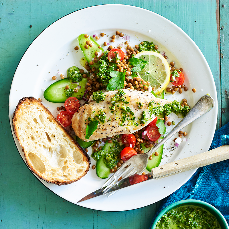 Photo of Grilled chicken with green olive dressing and lentils by WW