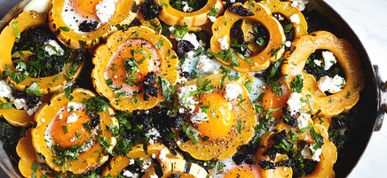 Baked eggs with delicata squash, spinach and feta