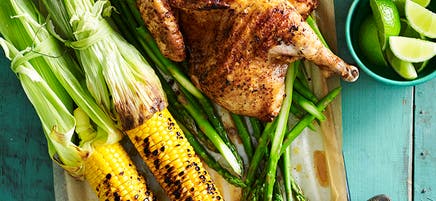 Smoky barbecued chicken with grilled corn and chipotle yoghurt