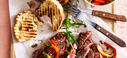 Grilled lamb with pepperonata and garlic toast