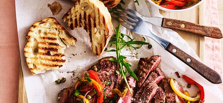 Grilled lamb with pepperonata and garlic toast