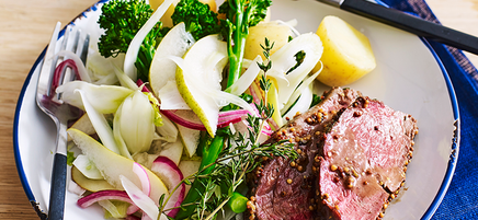 Mustard beef with broccolini, pear and fennel salad