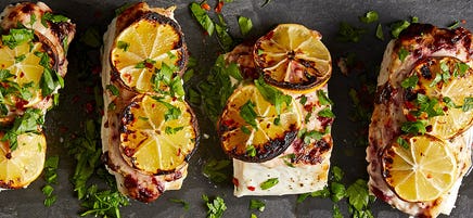 Oven-roasted halibut with charred lemon and rosemary-olive aioli