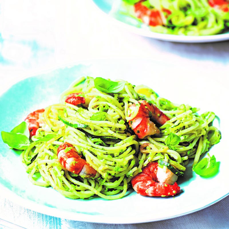 Photo of Spaghetti with courgette, prawns & pea pesto by WW