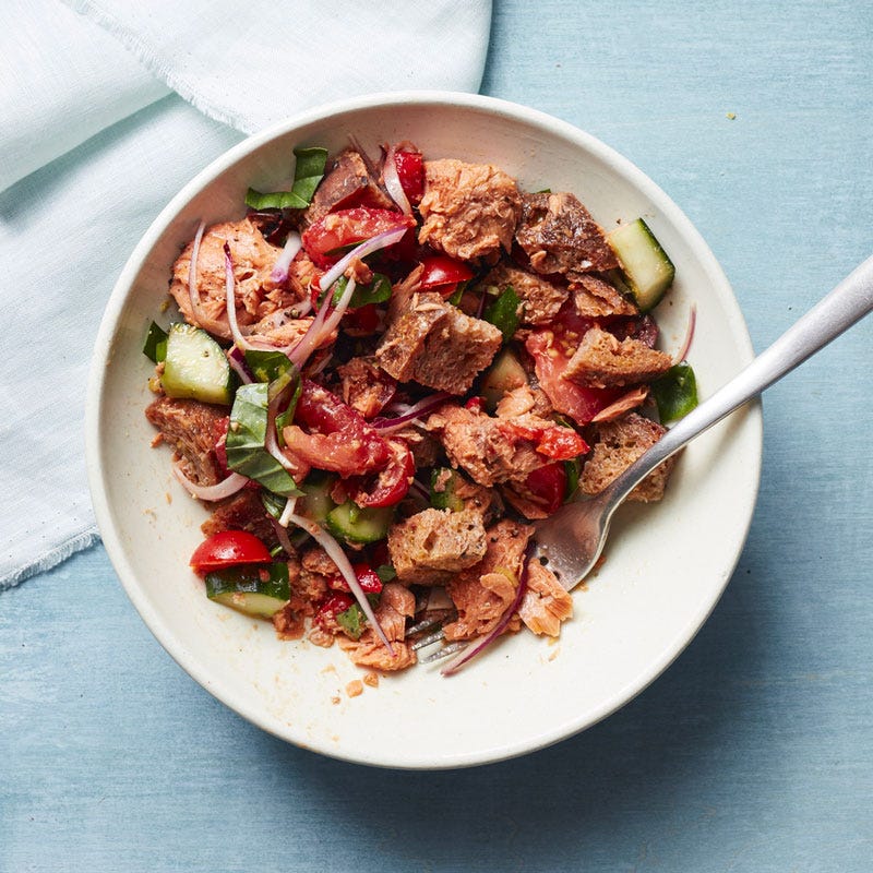 Photo of Panzanella salmon salad with fresh basil by WW