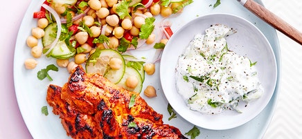 Grilled tandoori chicken with chickpea salad and raita