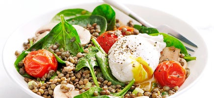 Lentil salad with poached eggs