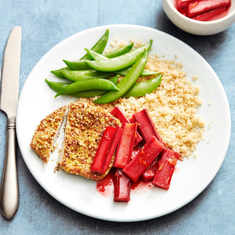 Photo of Pork with pistachio dukkah and rhubarb by WW