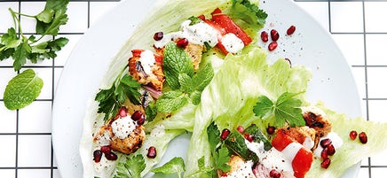 Mediterranean chicken skewers with pomegranate and mint yoghurt