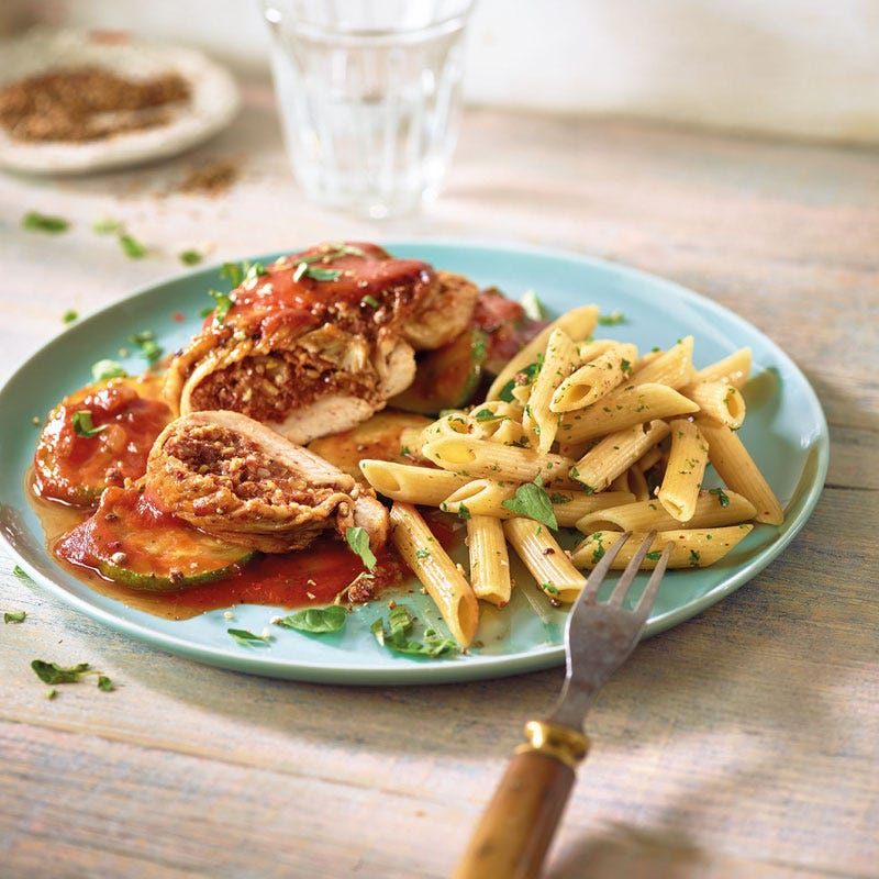 Penne mit gefüllten Hähnchenschnitzeln