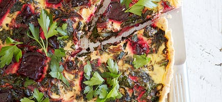 Roast beet, kale and sesame seed tart