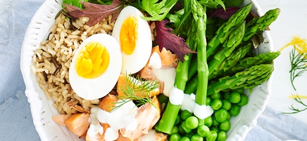Salmon, brown rice and greens bowl