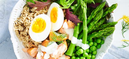 Salmon, brown rice and greens bowl