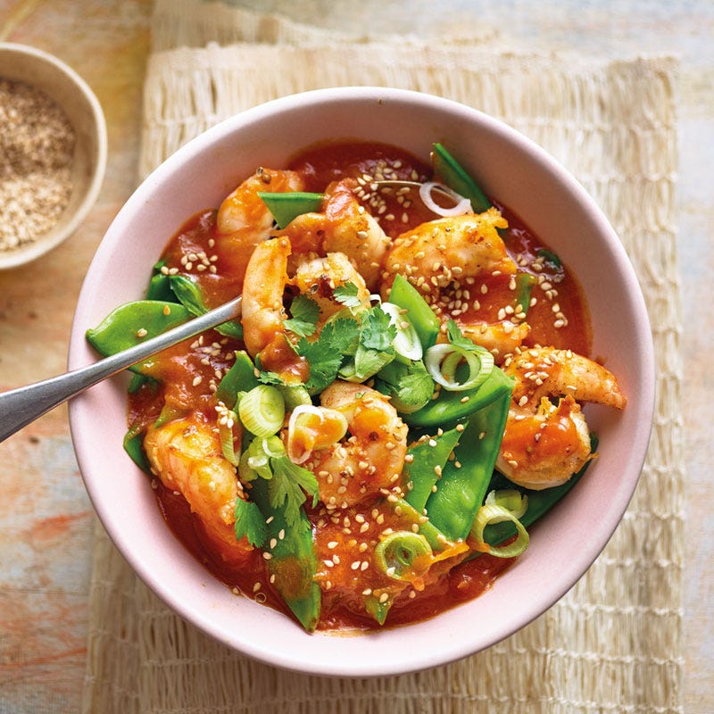 Crevetten-Curry mit Kefen / Garnelen-Curry mit Zuckererbsenschoten