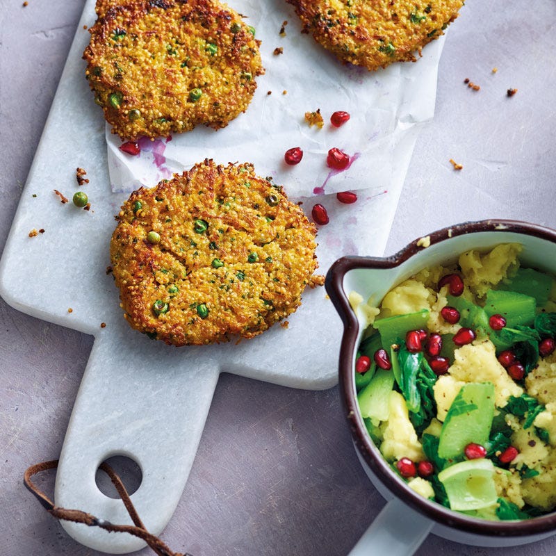 Quinoa-Gemüse-Tätschli mit Pak-Choi-Kartoffelstampf / Quinoa-Gemüse-Bratlinge mit Pak-Choi-Kartoffelstampf