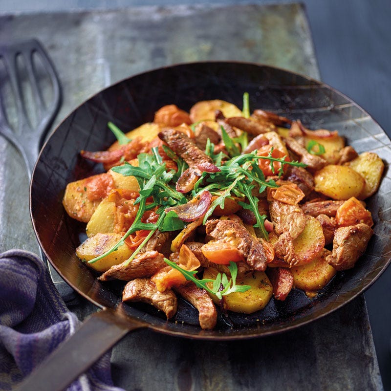 Italienische Bratkartoffeln mit Kalbsschnitzelstreifen
