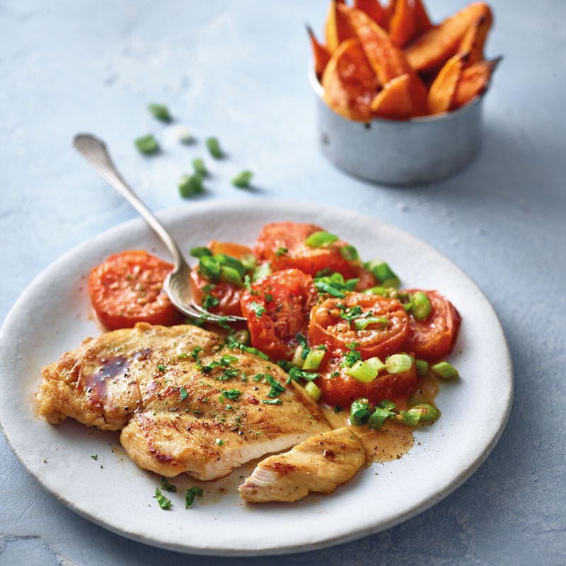 Gebratene Pouletbrust mit Süsskartoffelecken / Gebratene Hähnchenbrust mit Süßkartoffelecken