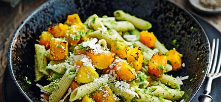 Penne with squash & watercress pesto