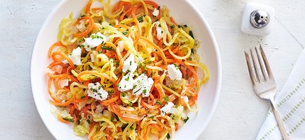 Veggie “pasta” with lemon, chives, and goat cheese