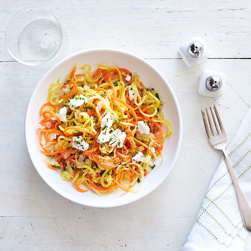 Veggie “pasta” with lemon, chives, and goat cheese