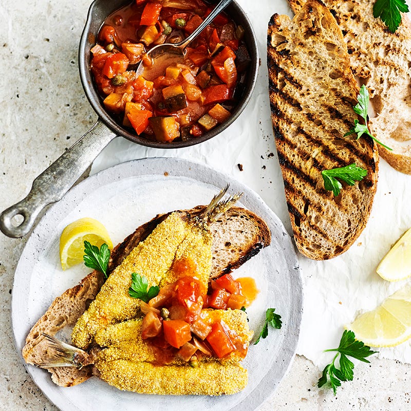 Polenta-crumbed sardines with caponata