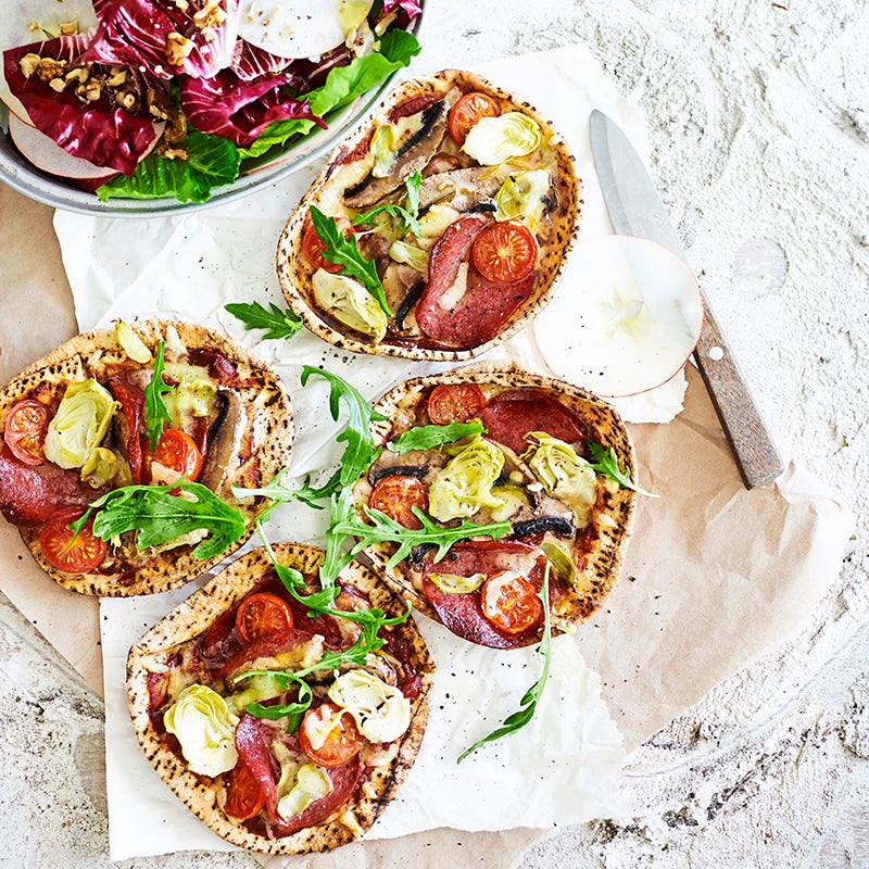 Salami and artichoke pizza