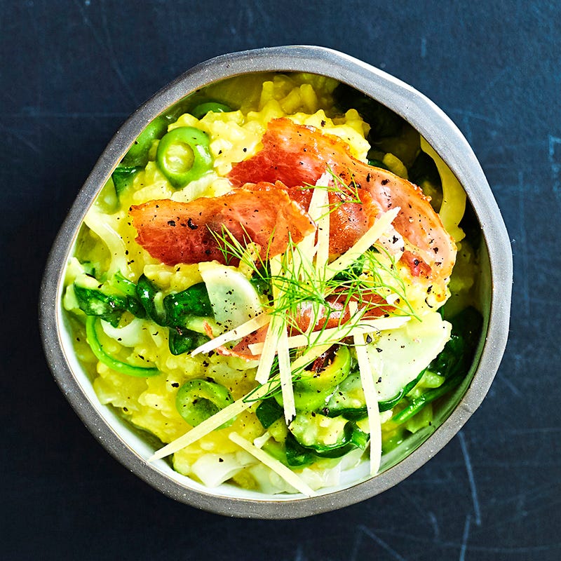 Spinach, fennel and olive risotto with crisp prosciutto