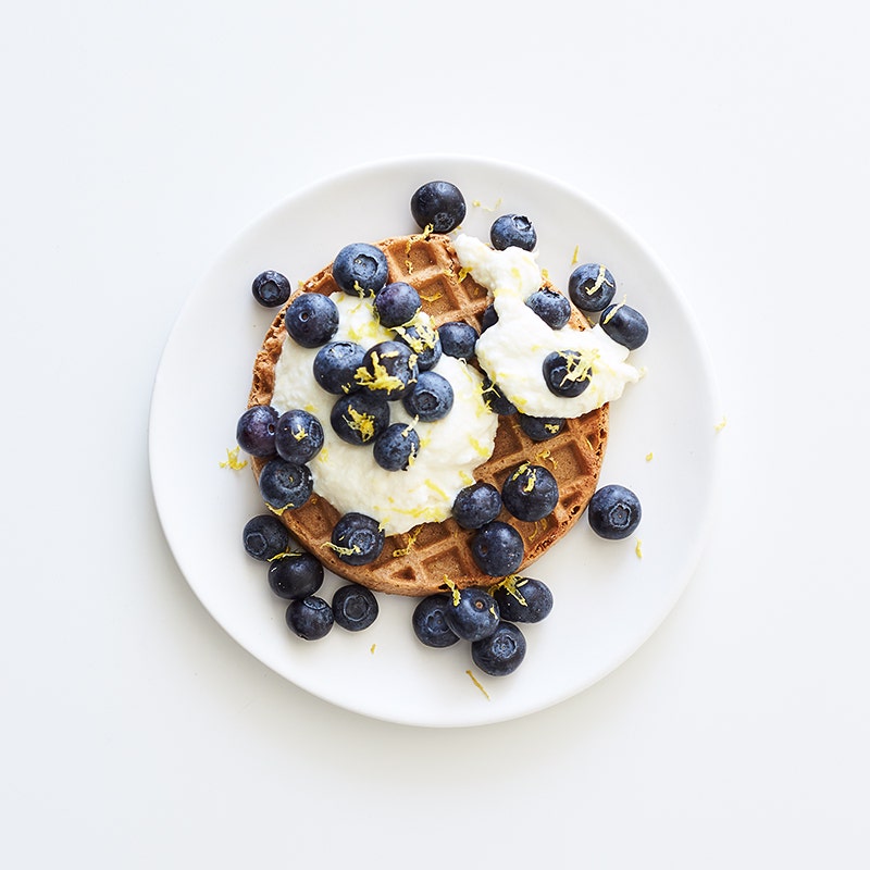 Waffle with lemony ricotta and blueberries