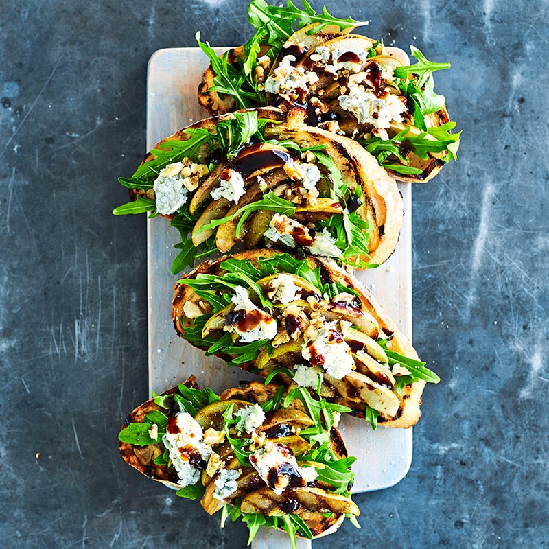 Grilled pear, gorgonzola and walnut bruschetta