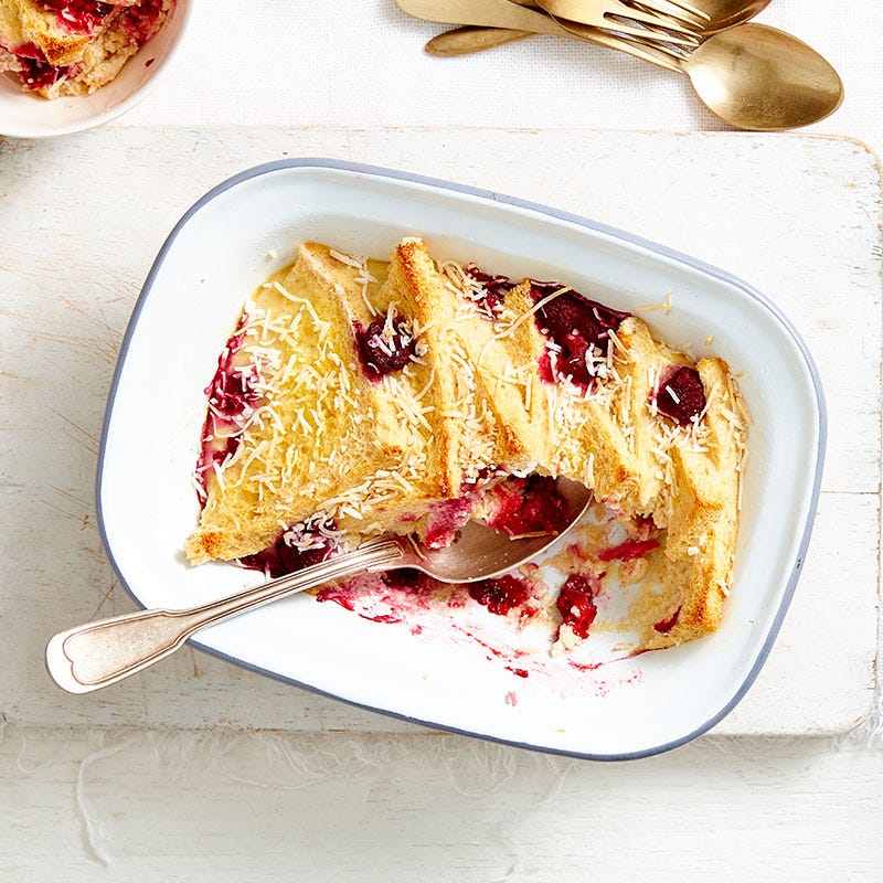 Raspberry and coconut bread and butter pudding
