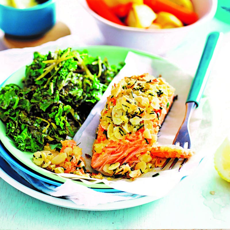 Photo of Almond-crusted salmon with lemon kale by WW