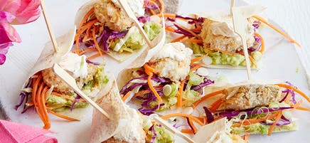 Mini fish tacos with rainbow slaw
