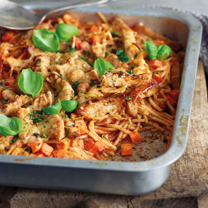 Spaghettiauflauf mit Schnitzelstreifen