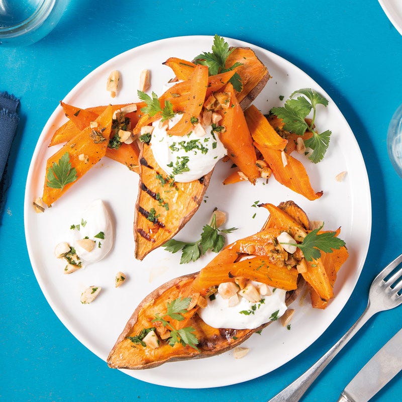 Ofenkarotten & Süßkartoffel mit Mandelquark