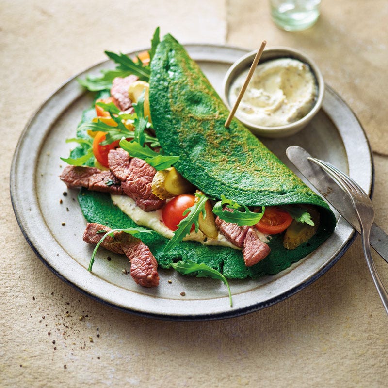 Spinat-Pfannkuchen mit Rindsfiletstreifen / Spinat-Pfannkuchen mit Rinderfiletstreifen