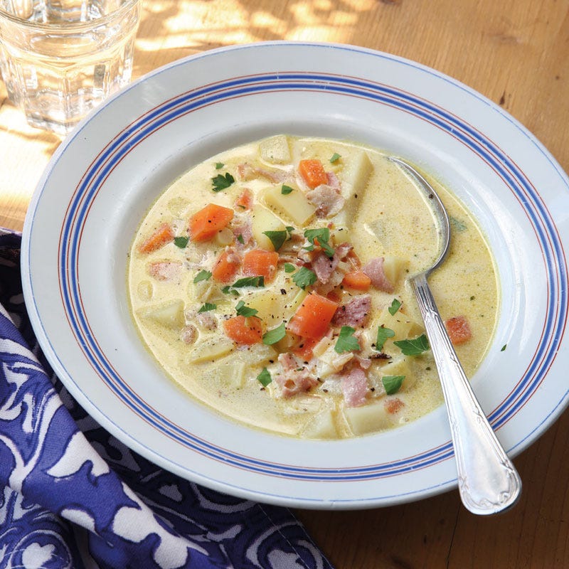 Kartoffel-Lauch-Suppe mit Geflügelschinken / Kartoffel-Lauch-Suppe mit Putenbacon
