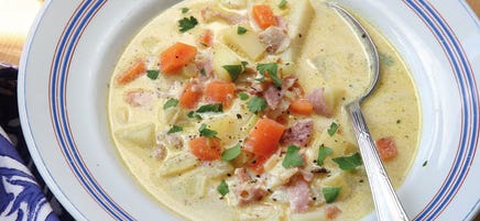 Kartoffel-Lauch-Suppe mit Geflügelschinken / Kartoffel-Lauch-Suppe mit Putenbacon