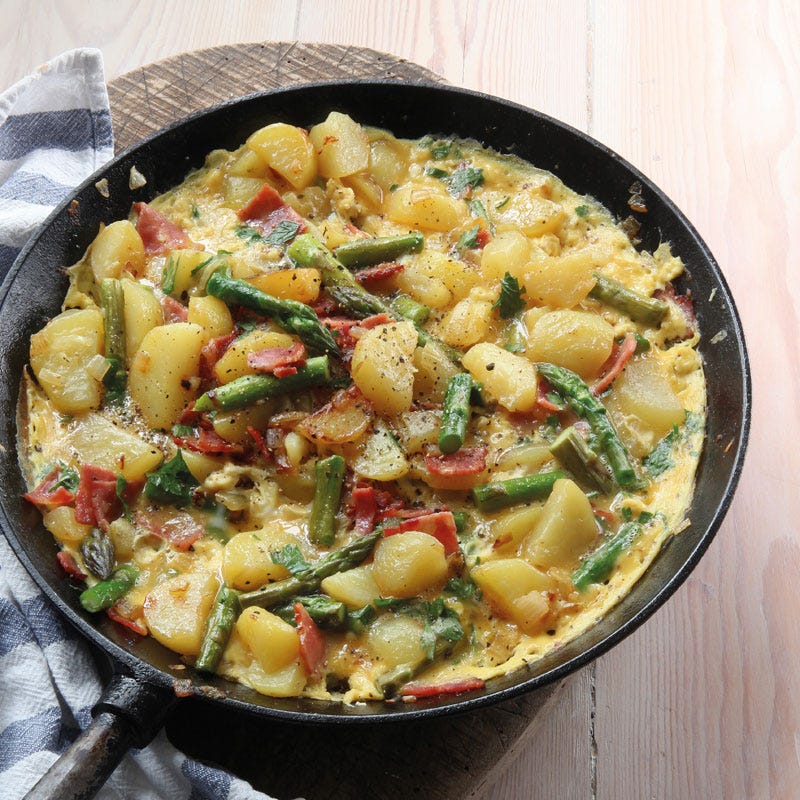 Bauernfrühstück mit Spargel und Schinken