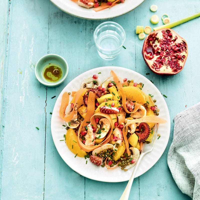Salade de poulpe au pâtisson et lentilles