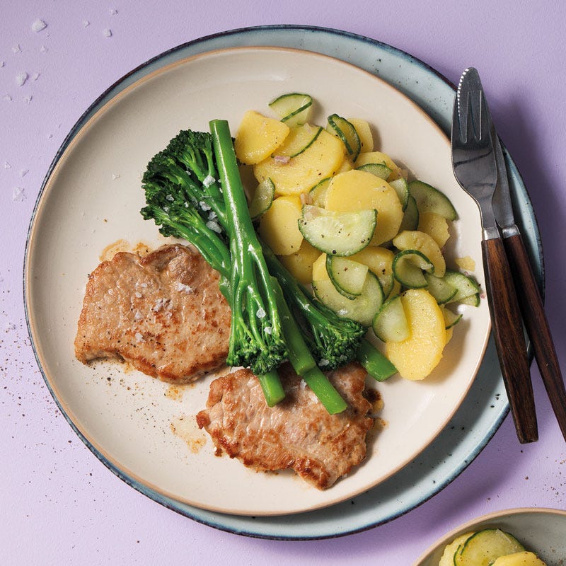 Schnitzelchen mit Kartoffelsalat und Bimi