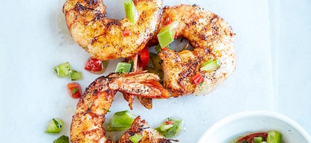 Creole spiced prawns with spicy green pepper salsa